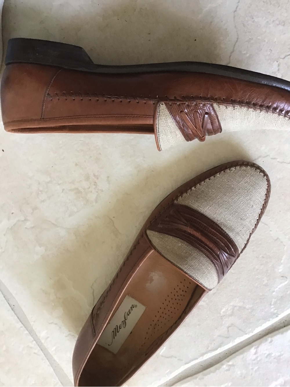 Mezlan Brown Leather and Beige Linen Penny Loafers - Picture 5 of 8